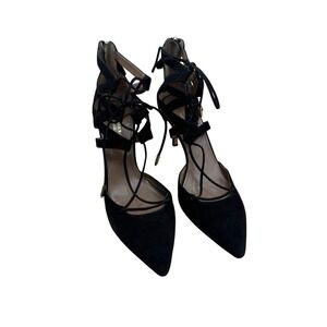 Aquazzura Matilde Black Suede Lace Up Pointed Toe Pumps Heels Size 39 Italy